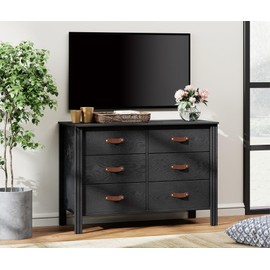 WAMPAT Dresser for Bedroom with 6 Drawers, Black Kids Dressers with Wide Chest of Drawers, Modern Baby Closet Storage Organizer, Wood Dressers for Living Room, Nursery, Hallway