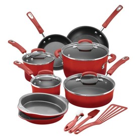 Rachael Ray 15 Piece Hard Enamel Nonstick Pots and Pans Set, Gray , BEST SALES - Color: Red
