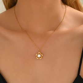 RATVIU Gold Flower Necklace for Women 18K Gold Plated Flower Pearl Pendant Necklaces Dainty Cubic Zirconia Choker Necklace Trendy Gold Jewelry Gift