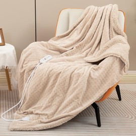 Dowin Heated Blanket Electric Blanket - Throw Size Waffle Fleece Heating Warming Blankets with Auto Shut Off for Couch Office Chair Bed Adults Fuzzy Cozy Machine Washable 50x60 Khaki