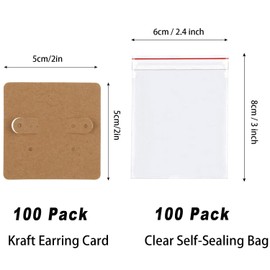 Earring Cards with Ziplock Bag - 100 Set Kraft Earring Display Holder Cards, Blank Paper Cards with 6 Holes, Jewelry Display Cards for Selling, Hanging Earring, Jewelry,DIY Crafts, Retail (5 x 5 cm)