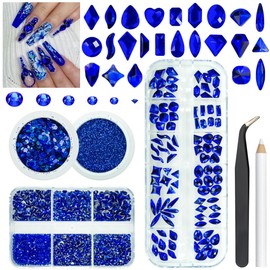 4 Boxes Blue Nail Rhinestones Glitters Kit, 24 Shapes K9 Glass Royal Blue Gems Flatback Round Gems Stones Diamonds Crystals Sapphire Nail Art Supplies Nail Charms for Acrylic Nails Faces Body Crafts