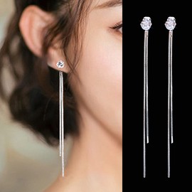 Aneneiceera Boho Rhinestone Drop Dangle CZ Earring Silver Long Tassel Zircon Earrings Tiny Crystal Chain Earrings Vintage Earrings Jewellery for Women and Girls, Alloy Steel