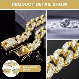 1Pc 9inch Gold Dog Chain Collar, Diamond Cuban Link Walking Metal Chain Collar, 13mm Wide Cat Necklace Pet Crystal Collar Jewelry Accessories with Secure Buckle for Small Medium Large Dogs Cats