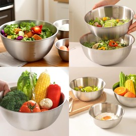 TuYines Mixing Bowls, Set of 3, Stainless Steel Bowl, Salad Bowl Set, Gourmet Bowl Set with Strainer and Grater Attachments, Serving Bowls, Snack Bowls and Bowls, Size 2.5 L, 2 L, 0.7 L, Stackable and