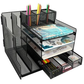 ALTOS OFFICE AND HOME Metal Mesh Desk Organizer, 1 Sliding Drawer, 4 Horizontal Trays and 2 Vertical Sections, with 3 Spaces for Pencils and Accessories Black, Reinforced Edges, Electrostatic Paint