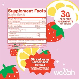Wellah Creatine for Women - Creatine Monohydrate with Dandelion & Cranberry Extract (50 Servings, Strawberry Lemonade)