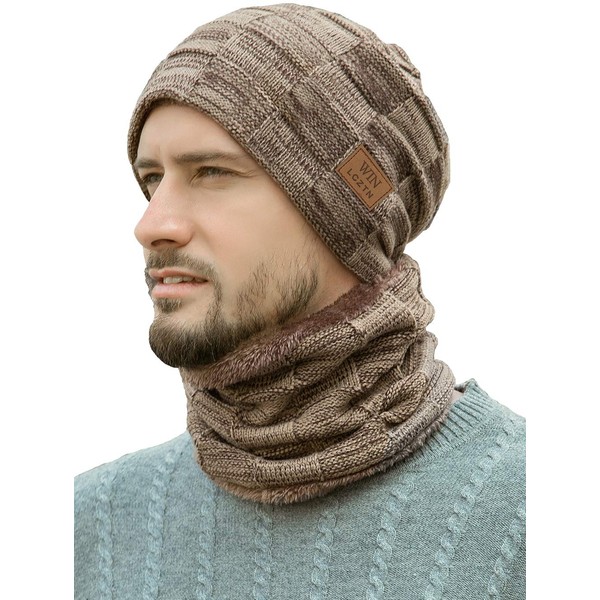 Mens Winter Beanie Hat Scarf Set Warm Fleece Lined Snow