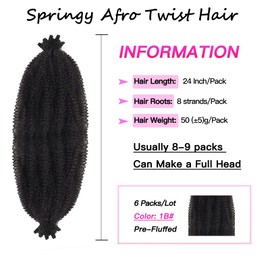 FFDDear 6 Packs Pre-Separated Springy Afro Twist Hair 24 Inch Spring Twist Hair Marley Twist Crochet Braiding Hair Natural Black for Soft Locs Hair Synthetic Hair Extensions for Women (24Inch,1B)