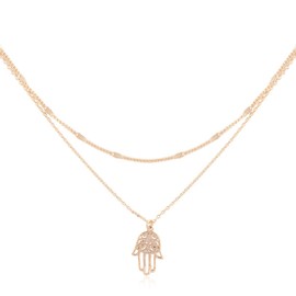 Bohemian Metallic Pendant Trendy Geometric Necklace - Lucky Charm Hamsa, Peace Hand Sign Face Profile Head, Skull Chain (Hamsa Hand Filigree Pendant 2 Layered Brass Necklace - Burnish Gold)