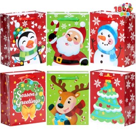 JOYIN 18 PCS Christmas Goodie Bags with Tissue Paper (9"x 3.5"x 7.3"), Holiday Paper Gift Bags with Handles for Holiday Wrapping Supplies Classroom Party Favors