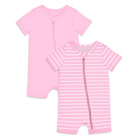 Jimonda Baby Rompers Cotton Baby Boys Baby Girls Short Sleeve Sleepers Pjs Two Way Zipper One-piece Neutral Sleep and Play(Pink&streaks,6-9 Months)