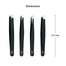 T&A Artisan Eyebrow Tweezers Stainless Steel Set - 4 Piece Professional Precision Tweezers for Eyebrows Facial Hair & Ingrown Hair Removal Splinter & Tick Remover False Eyelashes Tools for Men and Women (Black)