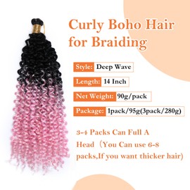 S-noilite Curly Braiding Hair,Marlybob Crochet Braids Hair Extensions 14 Inch Deep Wave Afro Kinky Jerry Curl Pre Stretched Ombre Braiding Hairpiece for Black Women,1 Pack 100g,Black to Pink