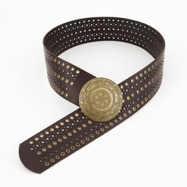 Wide-Disc Hollow-Western-Belts for Women Boho Hip-hop Concho PU-Leather Belt for Pants Dress(for waist up to 38'')