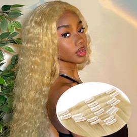 Extensiones de cabello con clip, cabello humano real, rubio, rizado, 8 piezas, 110 g, extensiones de cabello de trama doble, cabello humano liso, extensiones de cabello con puntas gruesas,