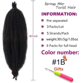 ZRQ 3 Packs Springy Afro Twist Hair For Distressed Soft Locs Pre-Fluffed Wrapping Hair Marley Crochet Braiding Hair 18 Inch Black Spring Twist Synthetic Hair Extension For Women 5 Strands/Pack (1B#)