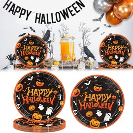 24 Pcs Happy Halloween Party Disposable Paper Plates Cute 9 Inch Round Dinner Plates for Birthday Party Dinner Decorations (Black Orange Pumpkin Ghost)