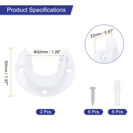 sourcing map 2Pcs Closet Rod End Supports, 1.26" Stainless Steel Flange Rod Holder Bracket End Supports with Screws for Bathroom Closet Curtain, White