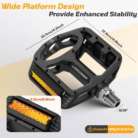 Bicycle Pedals with Reflective Strips, Non-Slip Mountain Bike Bicycle Pedals Aluminium Platform 9/16 Inch Flat Pedals for MTB Road Bike Road Bike E-Bike Gravel Black