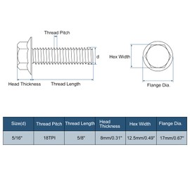 uxcell 25Pcs 5/16-18 x 5/8" Flanged Hex Head Bolts, 304 Stainless Steel Flange Hexagon Screws, Flange Hex Drive Screws 5.8 Grade for Machinery Industry Home Appliances, Silver