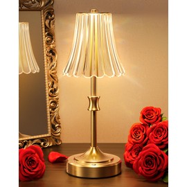 JACKYLED Vintage Cordless Table Lamp, Acrylic Crystal Flower Lamp Shade, 3 Colors Dimmable LED Golden Lamp, 5400mAh Battery Operated Rechargeable Lamp for Kitchen Counter Home Decor