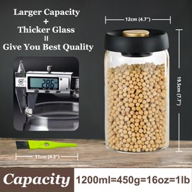 HelpyLife Vacuum Glass Jar with Airtight Lid,41floz/1200ml Borosilicate Glass Coffee Canister Container,Perfect for Coffee Beans & Grounds,Loose Leaf Tea,Candy,Sugar,Nuts,Spices