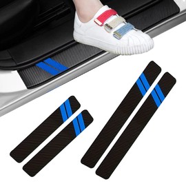Downhill 4 PCS Door Sill Protector Stickers, Carbon Fiber Anti-trampling Door Sill Protector, Self-Adhesive Welcome Pedal Entry Guard Decoration, Universal for Most Cars, Trucks, SUVs (Blue)