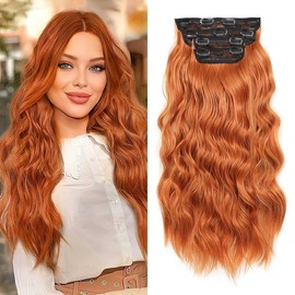 Gx Beauty Hair Extensions Clip Ins, 4 Pcs Long Wavy Extensions, 20 Inch Red Orange Think Hair Pieces Fiber Double Weft Hairpieces for Women(4Pcs, Red Orange)