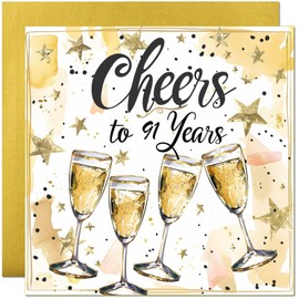 91st Birthday Card - Cheers to 91 Years - Elegant Birthday Card with Mettalic Gold Envelope