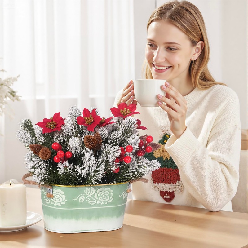 Christmas Artificial Flower Arrangement Centerpiece – Snowy Norfolk Pine with