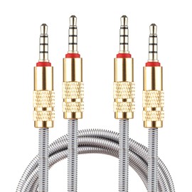 Lilware Set of 2 Metal Braided Audio 3.5mm Cables with Metal Plated Jack - 3.5mm to 3.5 mm 2.6 FT (80 CM) Audio AUX Cord - Silver