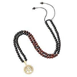 COAI Unisex 108 Mala Gemstone Necklace with Tree of Life Charm, Obsidian Obsidian Red Tiger Eye, Tigers Eye