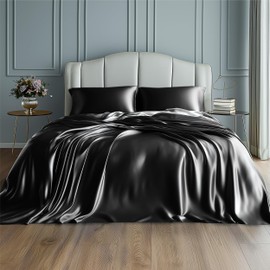 Bedsure Satin Sheets - Full Sheet Set, 4 Pcs Full Bed Sheets, Similar to Silk Sheets, Bed Sheets Full Size for Hair and Skin, Gifts for Women (Black, Full)