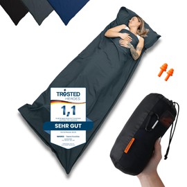 SEESCHWALBE Ultralight Cotton Sleeping Bag - Breathable Small Pack Size - Extra Soft Travel Blanket Including Pillow Compartment, Valuables Pocket and Ear Plugs (Grey)