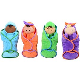 Constructive Playthings Swaddle Soft Baby Doll Toys with Matching Pockets, Multicultural Dolls, Daycare Essentials, Circle Time, Hook and Loop Closure, All Ages, Multicolor, Set of 4