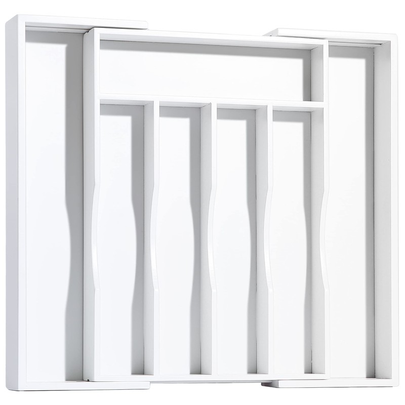 Bellsal White Silverware Organizer Kitchen Drawer Organizer Expandable Bamboo Utensil