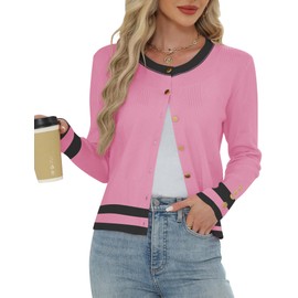 EFFAN Women's Cardigans Knit Button Down Long Sleeve Lightweight Jumper Cardigan for Dresses Summer, Pink and Black Color Block, XXL