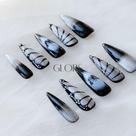 [GLORS] Stiletto Press-On Nails, Black and Silver Butterfly Design, 10 Pieces (XS, LS)