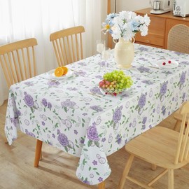 Honellaty Summer Floral Vinyl Tablecloth with Flannel Backing for Rectangle Tables, Wipeable & Non Slip Durable Plastic Table Cover, Spring PVC Table Cloth for Dining, Party (60×102 Inch) Purple Rose