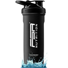 FSA Nutrition Stainless Steel Protein Shaker, Thermos Flask with Strainer, Protein Shaker for Lump-Free Shakes, Leak-Proof Drinking Bottle, BPA-Free, Double-Walled, Vacuum Insulated, 750 ml, Black