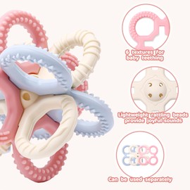 Yaozyety Baby Teething Toys 3 in 1 Silicone Teethers - BPA Free Food Grade Silicone Teething Ring Rattle Toys for Babies 3-6 Months 6-12 Months, Soft & Easy Hold, Baby Chew Toy for Toddlers (Pink)