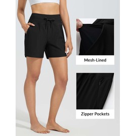 BALEAF Swim Shorts Women 5" High Waisted with Zip Pockets Tummy Control Board Beach Shorts Swimming Custome Bottoms Black M