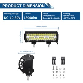 Willpower 9 Inch 23 cm 180 W LED Work Light Bar LED Headlight 12 V 24 V Waterproof Floodlight Spot Combo LED Bar for Off-Road Car Tractor Additional Headlight Reversing Light Bar