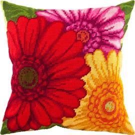 Gerbera Needlepoint Set Throw Pillows 16" x 16" Printed Tapestry Canvas, European Quality