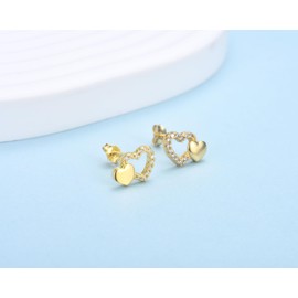 Women's Stud Earrings 925 Sterling Silver / Gold-Plated Earrings Small Heart Stud Earrings with Zirconia for Girls Women, Yellow Gold