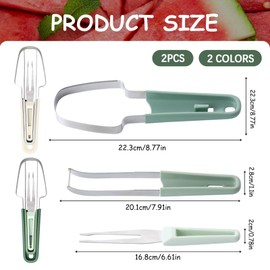 JAMSSOW 2PCS 3-in-1 Watermelon Fork Slicer Cutter,2024 Upgraded Stainless Steel Watermelon Popsicle Cutter,Watermelon Cutter Slicer Tool,Portability Fruit Fork for Camping Kitchen Gadgets(Green+Beige)