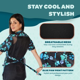 Ladybird Line 701 Blue Paw Print Waterproof Dog Grooming Smock, Hair and Bleach Resistant with Covered Zipper Panel, Mesh Back, and Back Tie Belt - Ideal for Pet Groomers and Vet Clinics - M