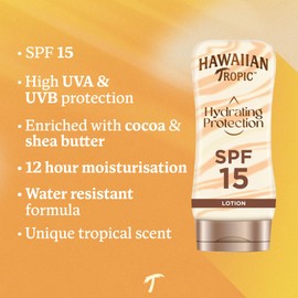 HAWAIIAN Tropic Hawaiian Tropic Hydrating Protection Sunscreen Lotion, Water Resistant SPF 15 UVA + UVB Protection Suncream, 12-Hour Moisturising Sun Lotion with Cocoa and Shea Butter, 180 ml