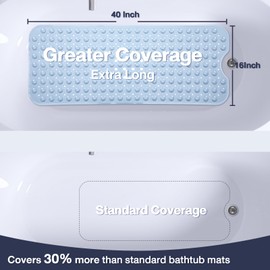 Naoloture Extra Long Bathtub Mat Non Slip, Light Blue Soft Bath Mat for Tub 40 x 16 Inch Full Size, Bath Tub Shower Mats for Bathroom Floor, Big Suction Cups and Drain Holes, Easy Washable, BPA Free